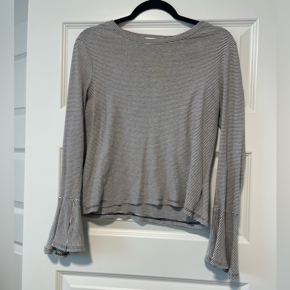 Ro & De Black and White Striped Bell-Sleeve Long Sleeve Top
